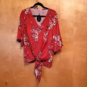 Bluetime Orange Floral Tie Front Shirt